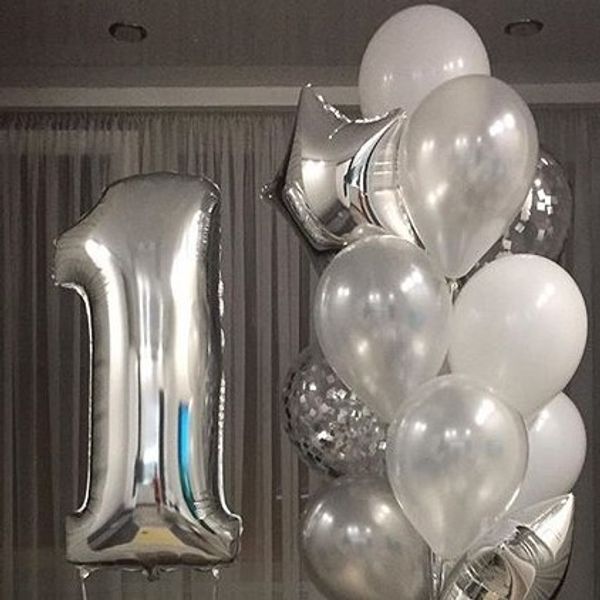 Воздушный шар (40''/102 см) Цифра, 1, Серебро, 1 шт.