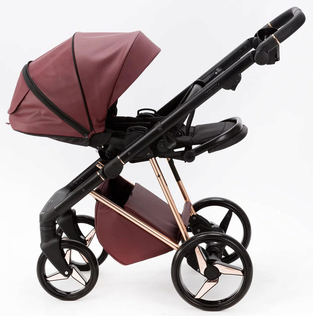 Детская коляска Adamex Quantum Superstar Deluxe 3 в 1 Q-STAR141-K (БОРДОВ.КОЖА+БОРДОВ.ДНО+РОЗОВ.ЗОЛОТО.РАМА)