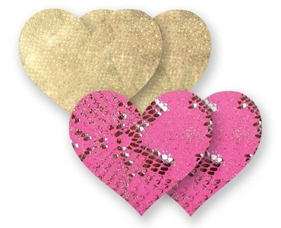 Комплект из 1 пары золотистых пэстис-сердечек и 1 пары розовых пэстис со змеиным принтом