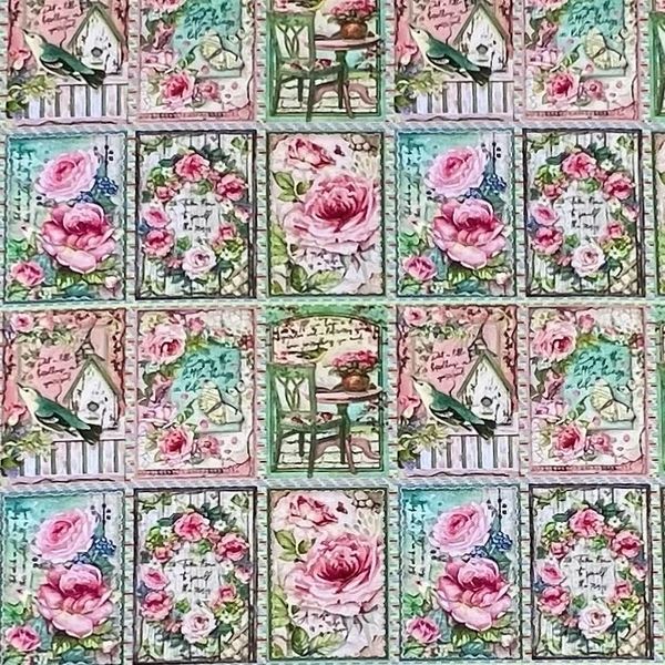 ЛЕТНЕЕ УТРО, купон 20 x 110 cм, 100% хлопок. ЦВЕТЫ, ПТИЦЫ, РОЗОВЫЙ, БИРЮЗОВЫЙ. 1