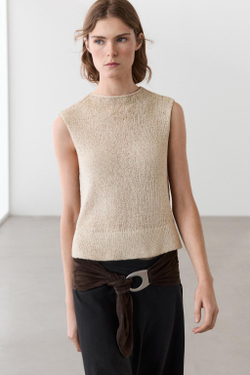 Massimo Dutti Трикотажный топ со льном, бежевый