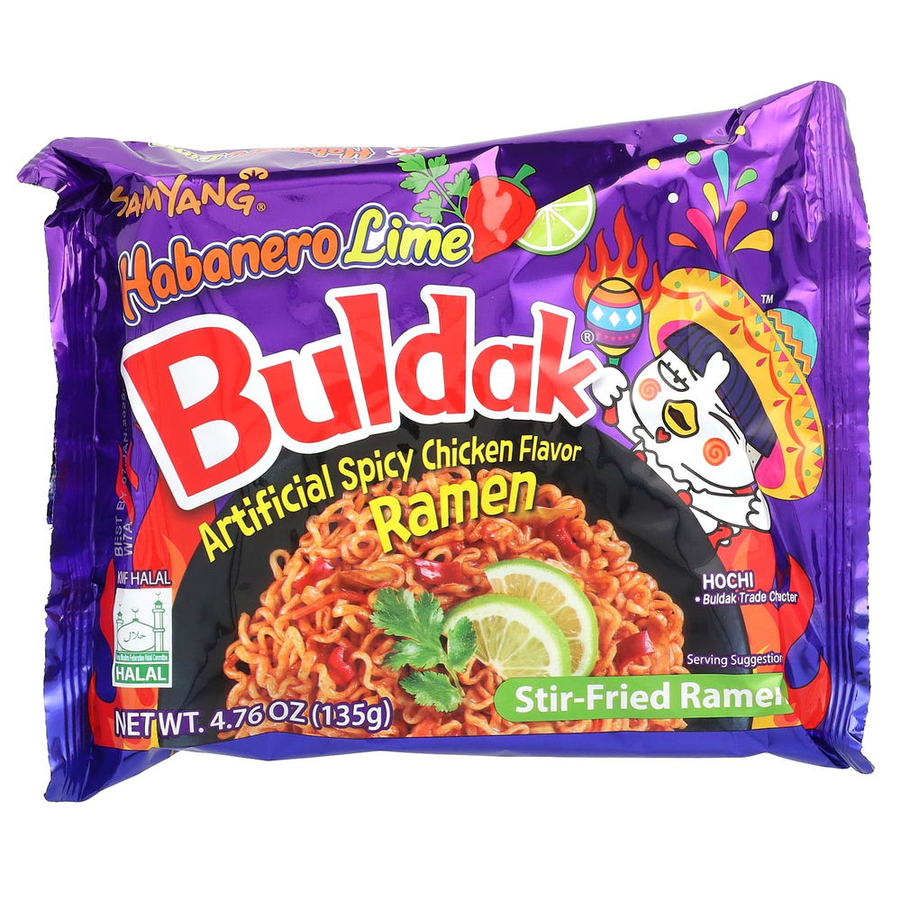 Buldak, Buldak®, жареный рамэн, пряная курица, хабанеро и лайм, 5 пакетиков по 135 г (4,76 унции)