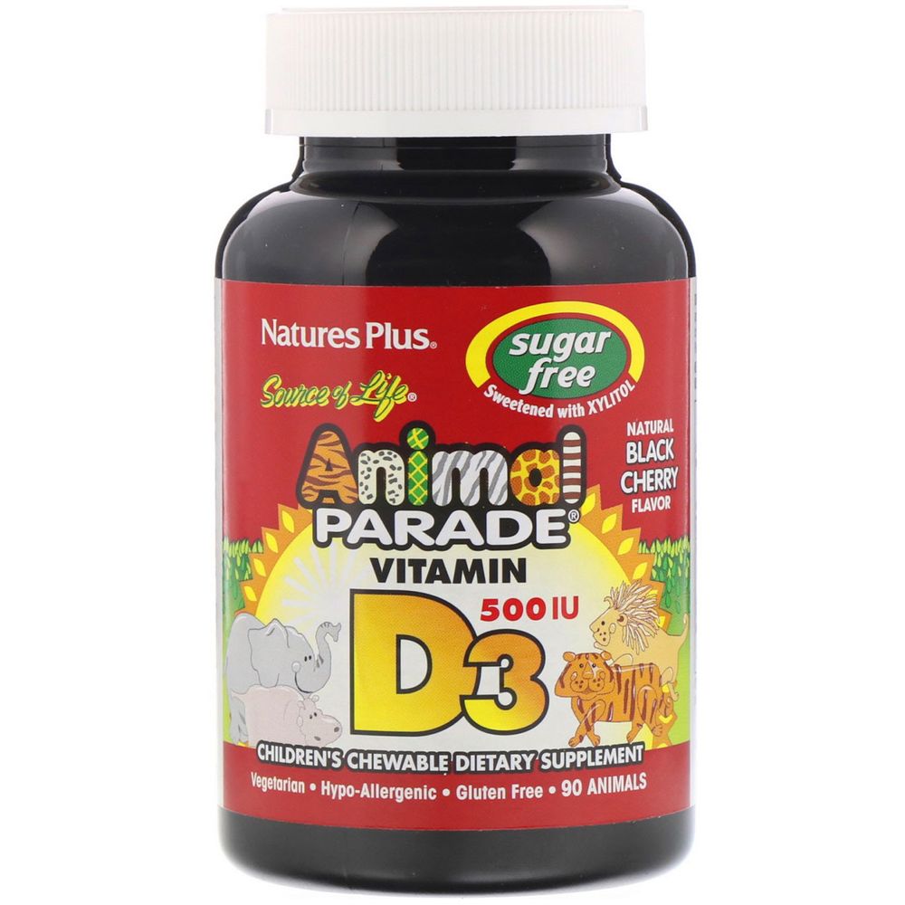 Витамин D3, без сахара, с натуральным вкусом черной вишни, 500 МЕ, 90 таблеток в форме животных Nature&#39;s Plus, Source of Life, Animal Parade
