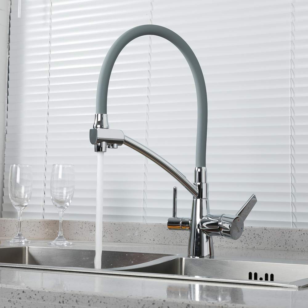 Смеситель для кухни 35к G4398-17 GAPPO гибкий излив, с вых. для пит. фильтра, п/шпильку, СЕРЫЙ-хром