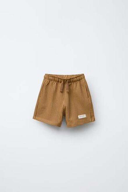 ZARA ШОРТЫ ИЗ МЯГКОЙ ТКАНИ В ПОЛОСКУ С НАШИВКОЙ, ОХРА