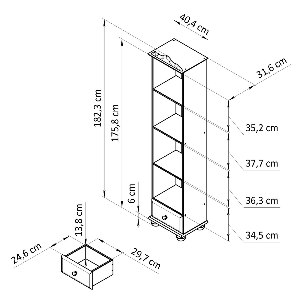 Стеллаж 3 полки Бритта из сосны, с ящиком, 40х32х182