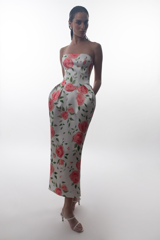 Платье миди удлиненное из атласа с цветочным принтом с объемной юбкой