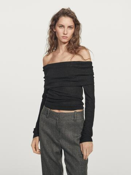 Massimo Dutti Футболка в рубчик с длинными рукавами и блестящей отделкой, черный