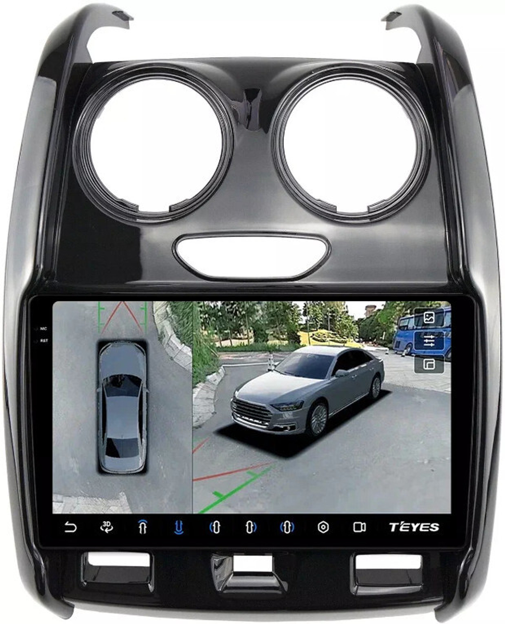 Магнитола для Renault Duster 1 2015-2020, Lada Largus 2021+ (мультируль/джойстик, рамка большая глянец) - Teyes CC3-2K-360 монитор 9.5" 2K QLED на Android 10, 6+128Гб, CarPlay, 4G SIM-слот, 4 камеры в комплекте