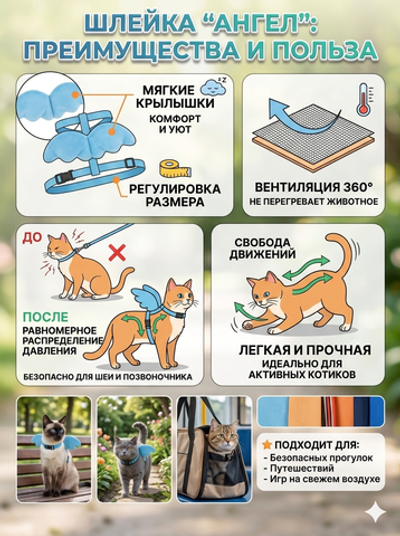 Шлейка с поводком «Ангел на прогулке» 150см цвет светло - голубой