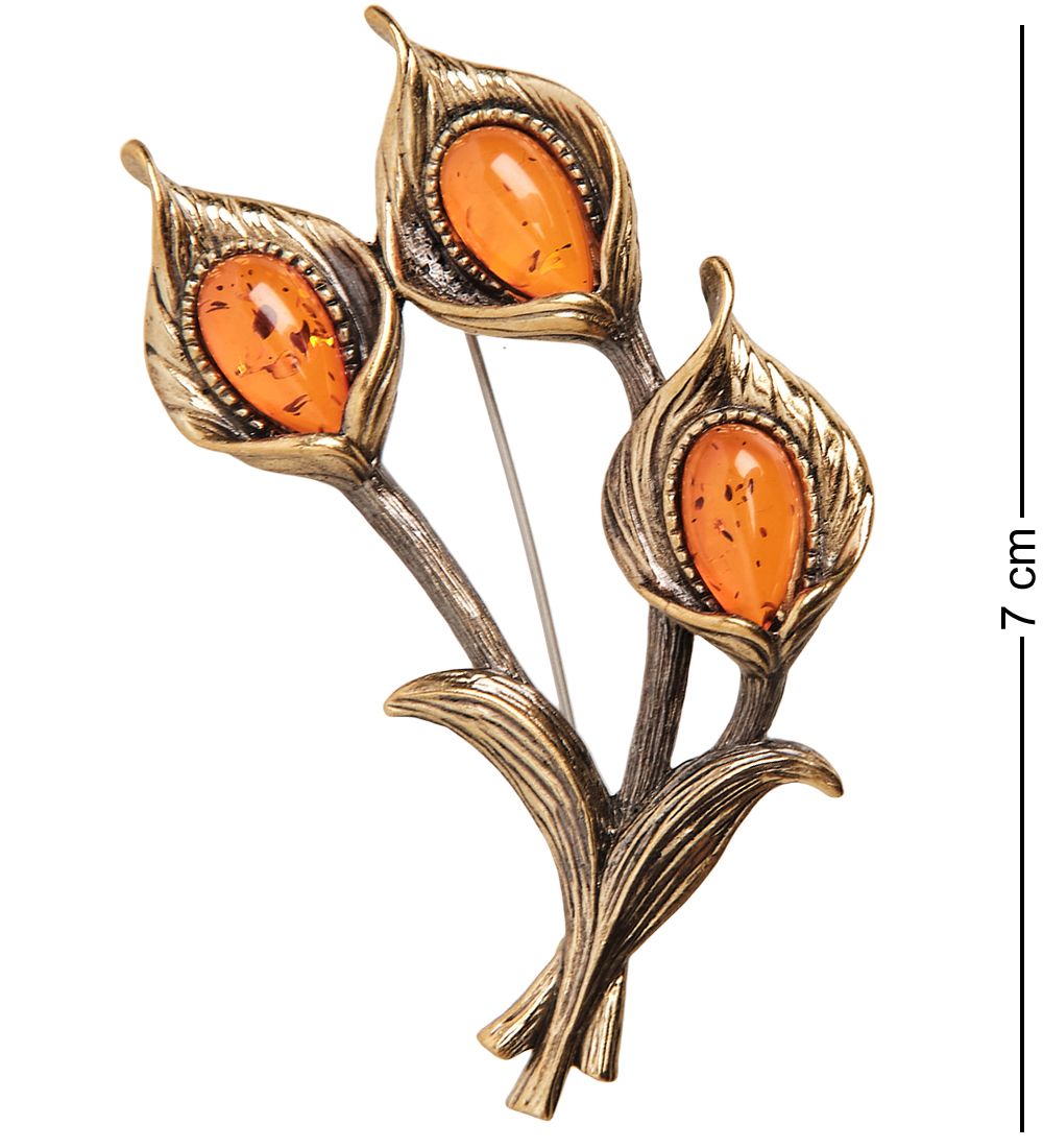 AM-2333 Брошь «Калла Трио» (латунь, янтарь)