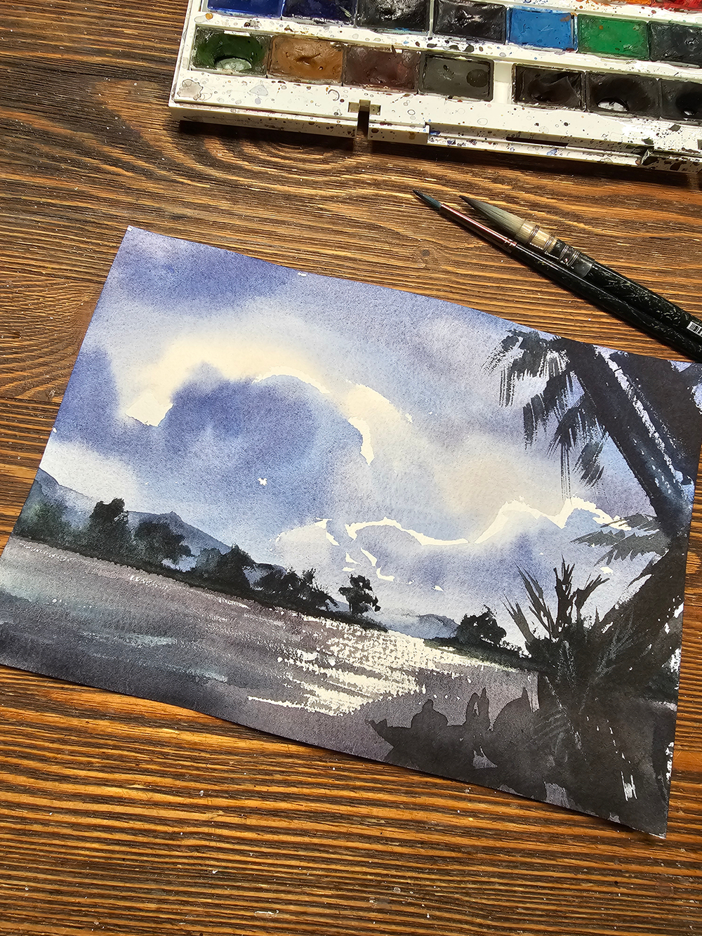 Картина авторская акварельная в паспарту 21*30 см на стену для интерьера "В окружении пальм"