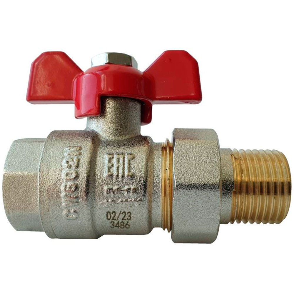 Кран шаровой латунный РИДАН BVR-FR DN25 PN40 с накидной гайкой и ниппелем (американка), бабочка