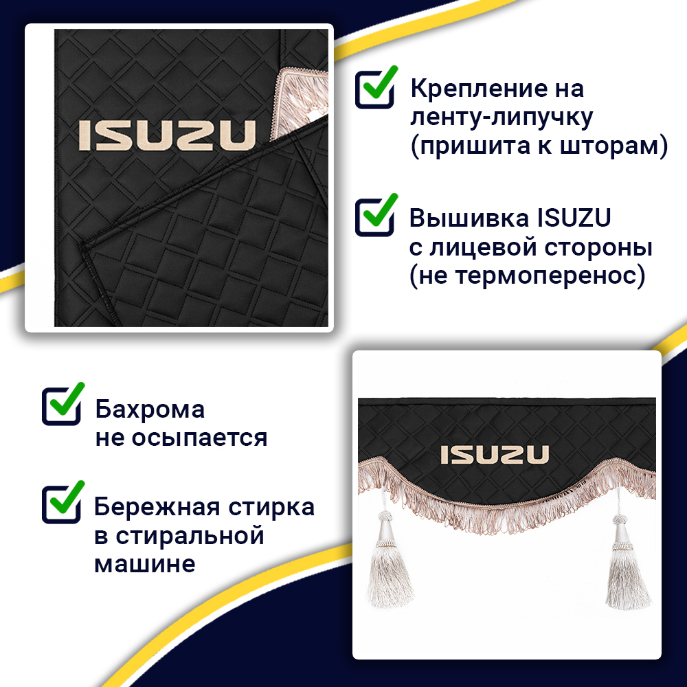 Ламбрекен с косынками двусторонние Isuzu (экокожа, черный, коричневые кисточки)