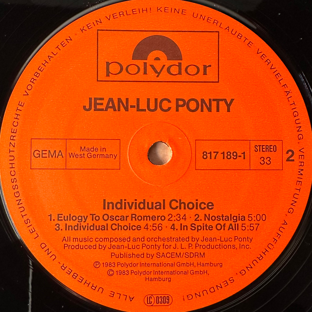 Jean-Luc Ponty ‎– Individual Choice (Германия 1983г.)