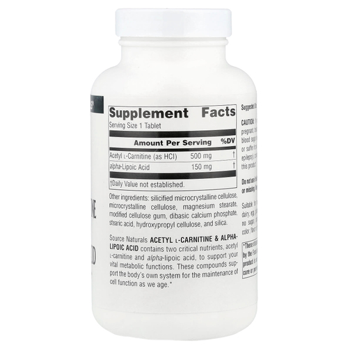 Source Naturals, Ацетил L-карнитин и альфа-липоевая кислота, 650 мг, 120 таблеток