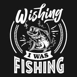 принт PewPewCat  Wishing I was fishing белый на черной футболке
