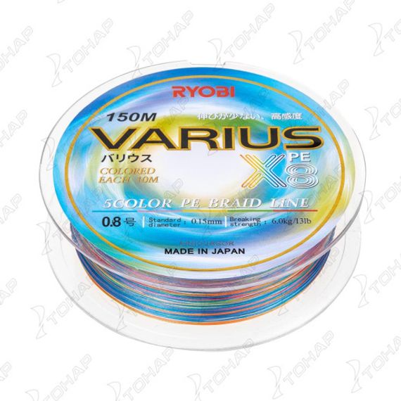Шнур VARIUS PE8X-150MI 0.8# Multi Colour 0,148мм Ryobi