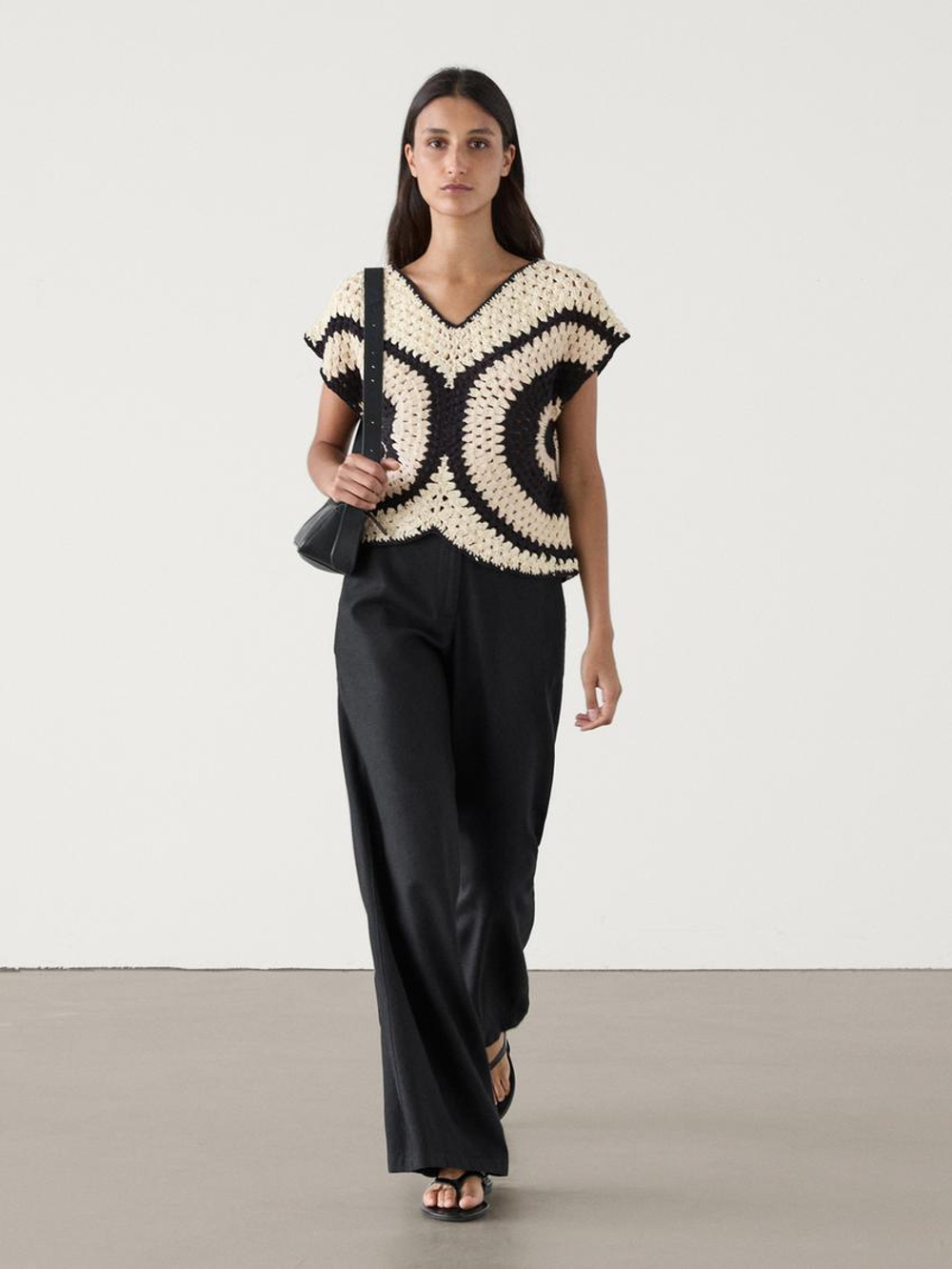 Massimo Dutti Топ из кружева кроше с контрастной деталью, натуральный, кремовый