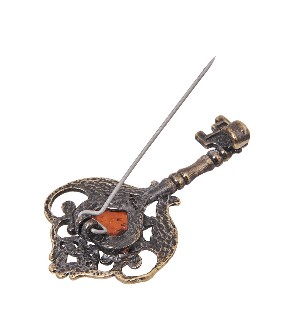 AM-4062 Брошь «Ключик Крылышки» (латунь, янтарь)