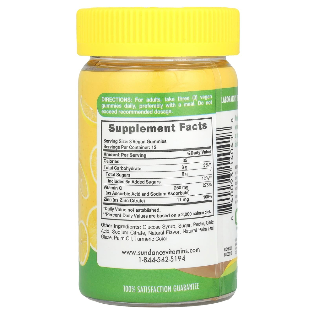 Sundance Vitamins, Жевательные мармеладки с витамином C и цинком, натуральный лимон, 36 веганских жевательных таблеток