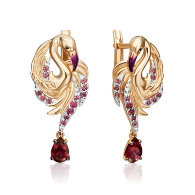 Серьги «Розовый фламинго» с английским замком из красного золота с гранатми и эмалью