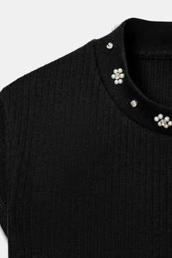 ZARA ФУТБОЛКА С КОРОТКИМИ РУКАВАМИ И БУСИНАМИ, ЧЕРНЫЙ