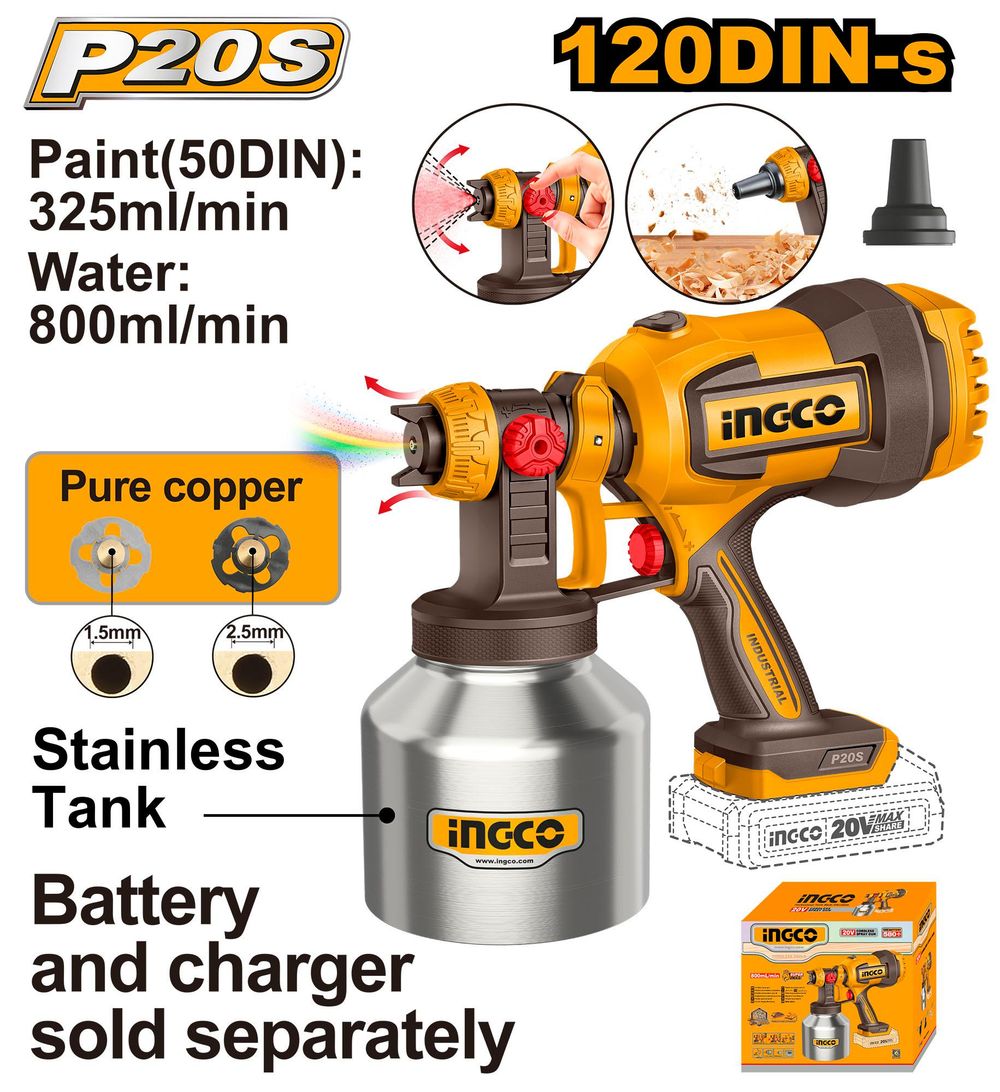 Краскораспылитель аккумуляторный 20В 800 мл/мин INGCO CSGLI20041