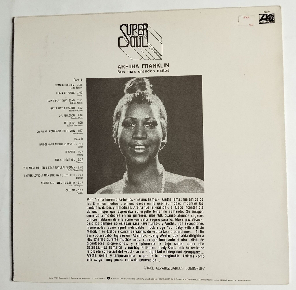 Винтажная виниловая пластинка LP Сборник Aretha Franklin Sus Mas Grandes Exitos Super Soul (Spain 1975)