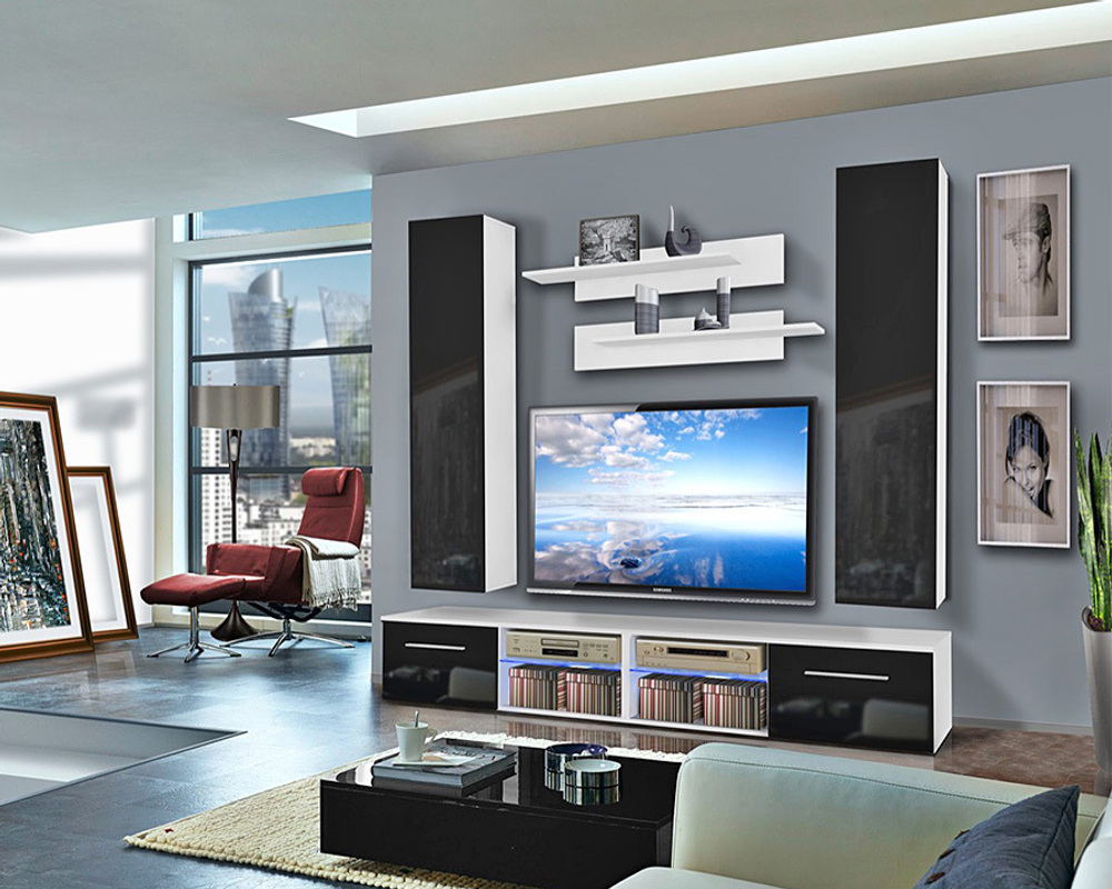 Гостиная 14 МДФ (черная) / Белый Фасадный 0101 120*45*210 см, Черный, Белый Фасадный   Фиеста