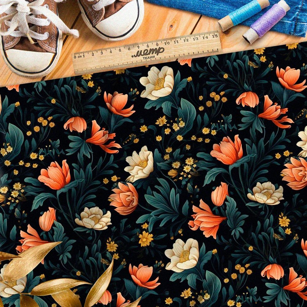 Ткань премиум бифлекс ночные цветочные фантазии