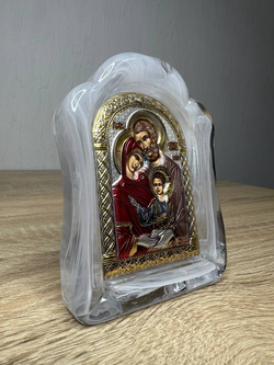 Св. Семейство, икона арочная, белое муранское стекло, эмаль 86х112