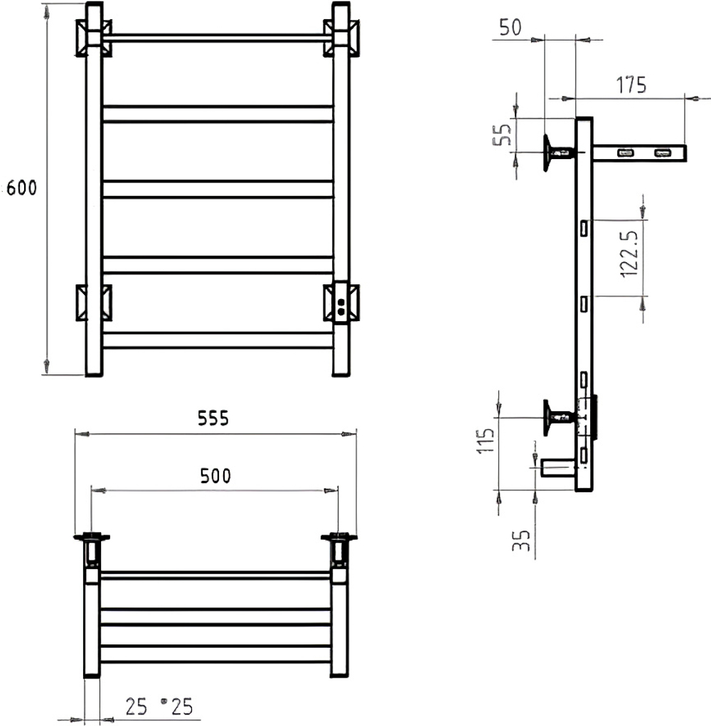 Полотенцесушитель электрический EWRIKA Пенелопа КВ7 60x55 см, подключение справа, слева, скрытое подключение справа, графит, лесенка, из стали, с полкой