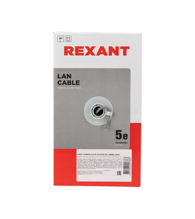 Rexant (01-0059) Кабель витая пара U/UTP, CAT 5e, ZH нг(А)-HF, 4PR, 24AWG, INDOOR, SOLID, серый, 305м LIGHT