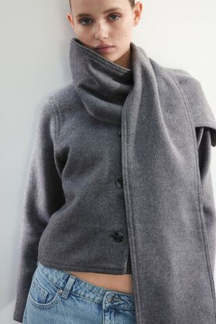 H&M КУРТКА ИЗ ВОЙЛОКА С ШАРФОМ, СЕРЫЙ