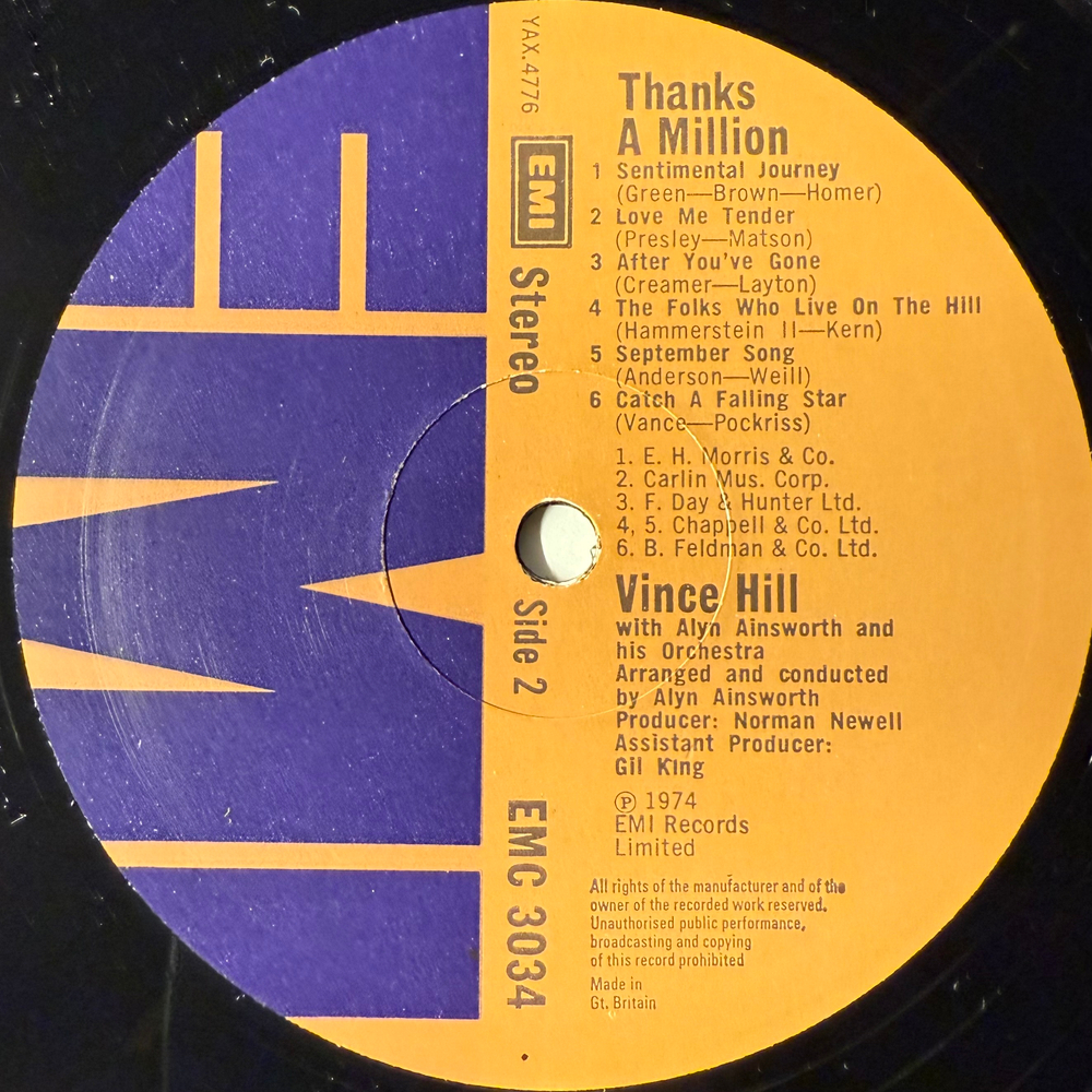 Vince Hill With Alyn Ainsworth And His Orchestra – Thanks A Million (Англия 1974г.)