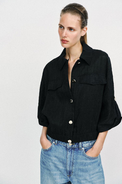 ZARA БЛУЗА-САФАРИ С ПОДВЕРНУТЫМИ РУКАВАМИ, ЧЕРНЫЙ