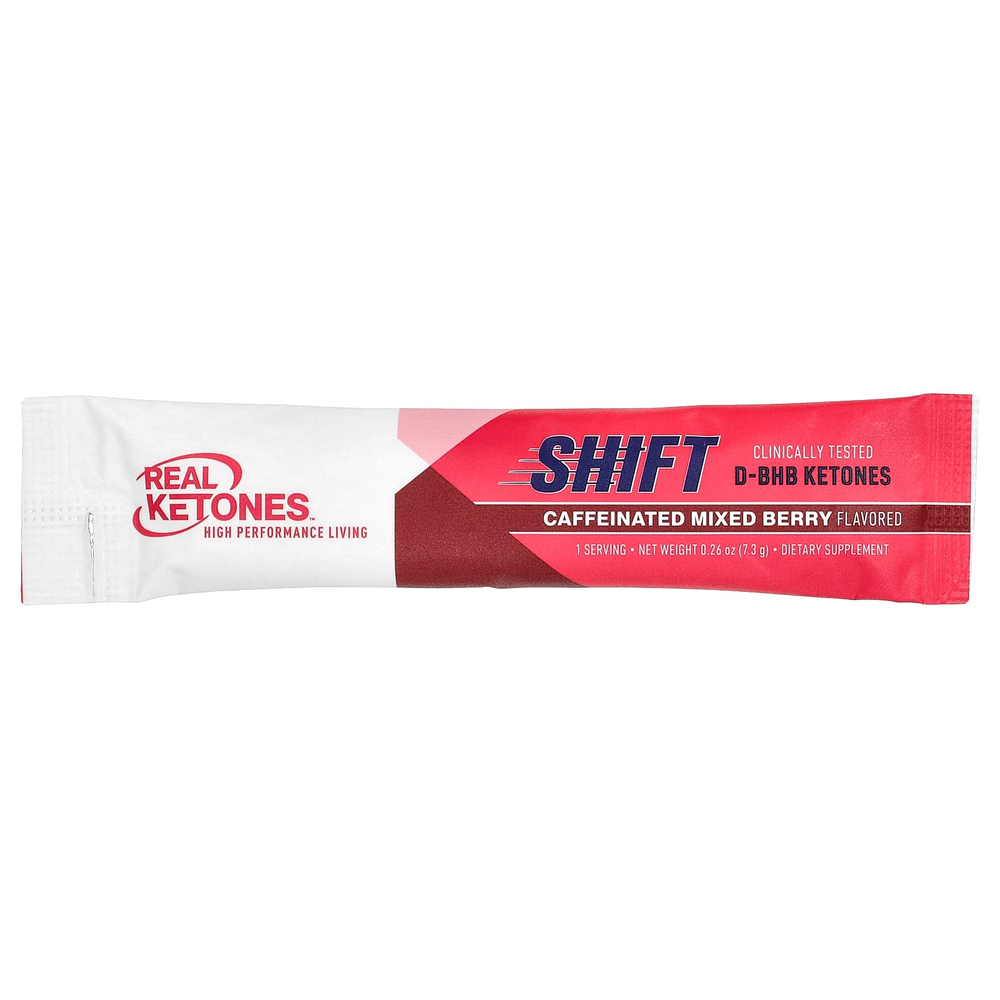 Real Ketones, Shift, заряженный кофеином, набор разных вкусов, ягодное ассорти, персик, 7 пакетиков по 7,3 г (0,26 унции)