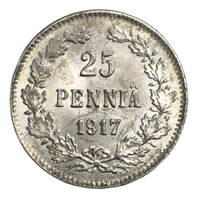Монета 25 пенни (pennia) 1917 год гербовый орёл без корон, Российская Финляндия