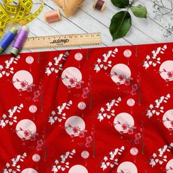 Ткань атлас цветущая сакура на фоне полной луны и красного неба
