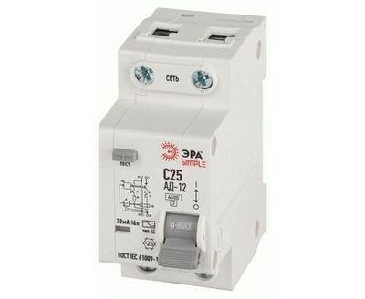 Автоматический выключатель дифференциального тока АВДТ 25А 30мА 1P+N х-ка C тип АС 4,5кА ЭРА SIMPLE АД-12 - дифавтомат