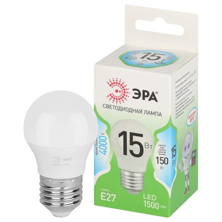 Лампочка светодиодная ЭРА GREEN LINE LED P45-15W-840-E27 GL E27 15 Вт шар яркий белый свет