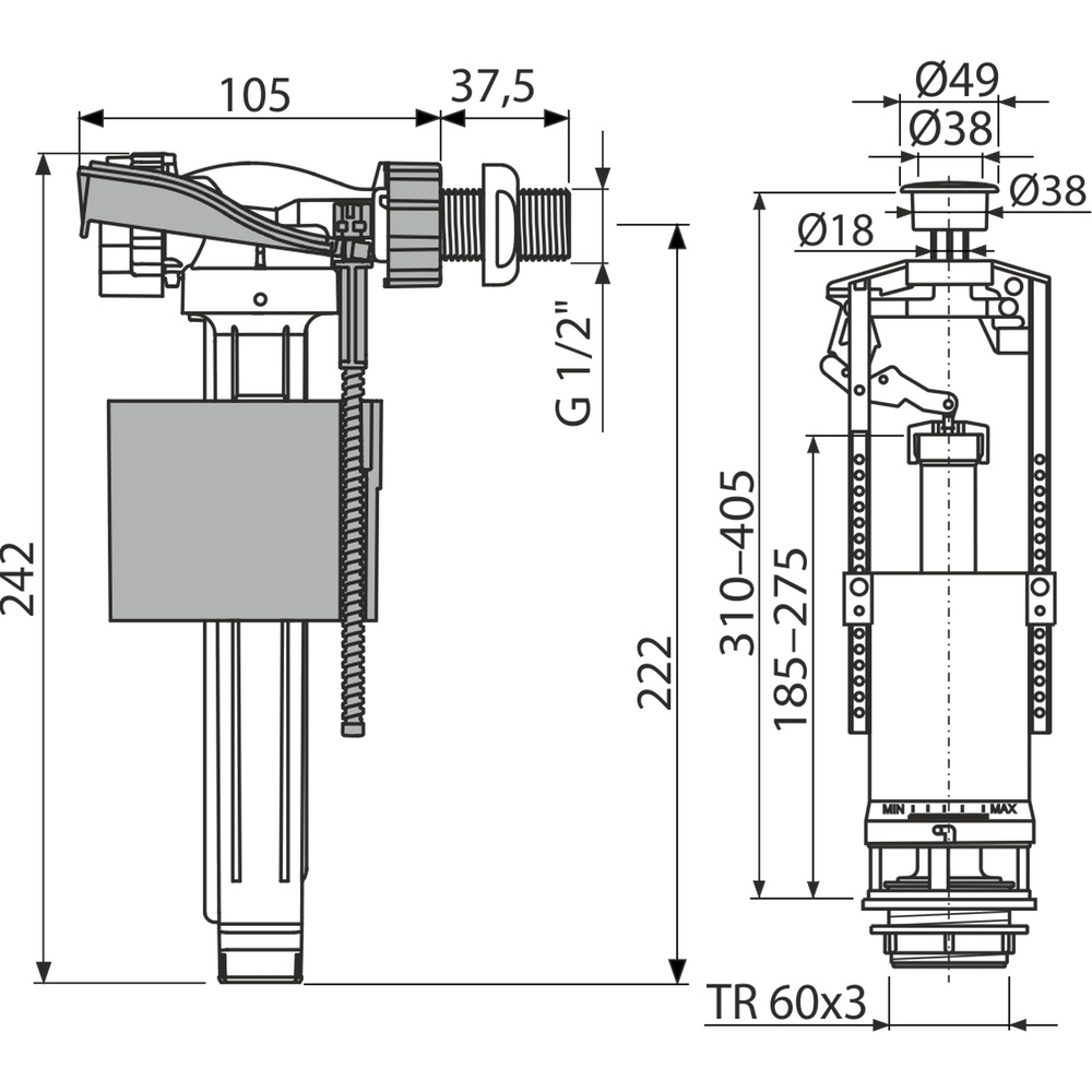 Арматура к смыв.бачку стоп-кноп.ALCAPLAST/Alcadrain 1/2 хр.кн.бок.под унив колонка лат.штуцерSA2000К