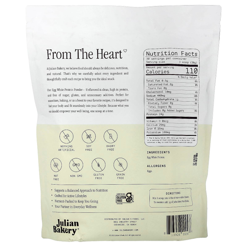 Julian Bakery, протеиновый порошок из яичного белка, без ароматизаторов, 907 г (2,01 фунта)