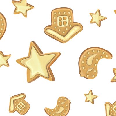 illustration of christmas cookies set on blue background with snow.