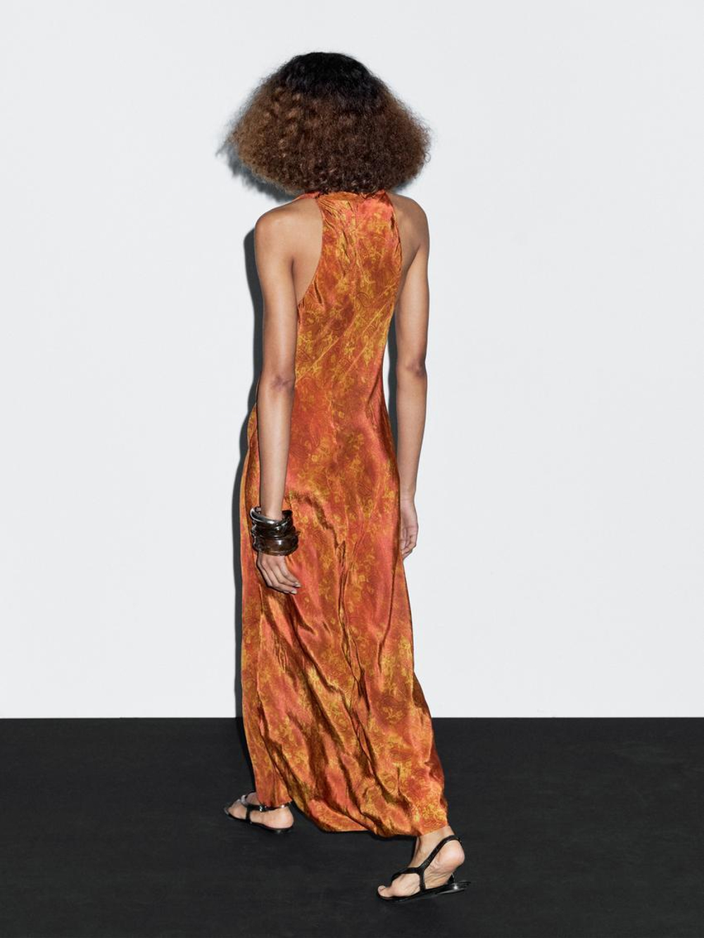 Massimo Dutti Длинное платье из струящейся ткани с принтом, оранжевый
