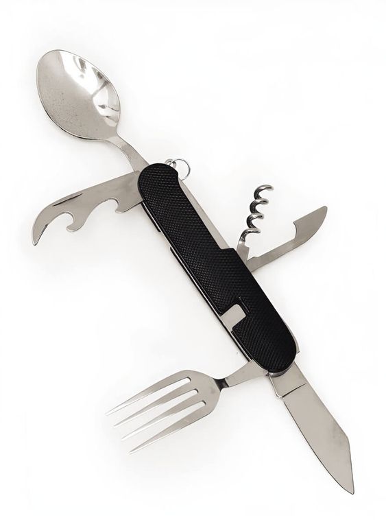 Мультитул 6в1 походный приборы: нож, вилка, ложка, открывашка Черный