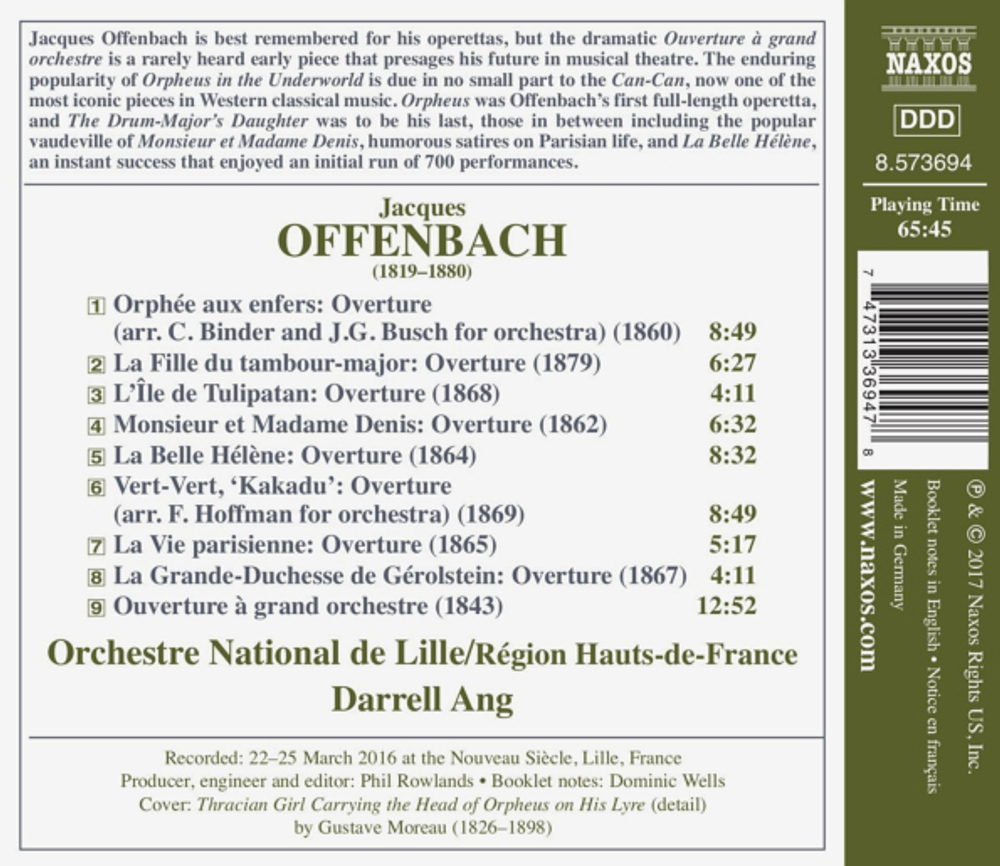 Orchestre National De Lille, Darrell Ang / Offenbach: La Fille Du Tambour-Major, Orphee Aux Enfers, La Belle Helene, La Vie Parisienne, Vert-Vert, L'ile De Tulipatan (CD)