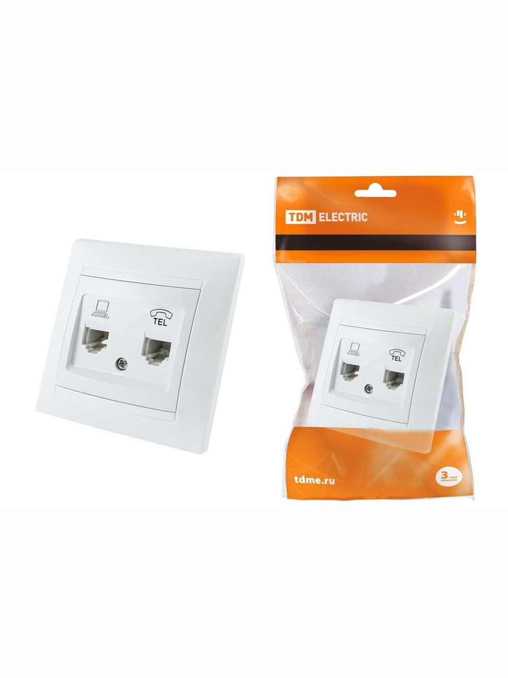 Розетка телефонная RJ11 + компьютерная RJ45 белая "Лама" TDM