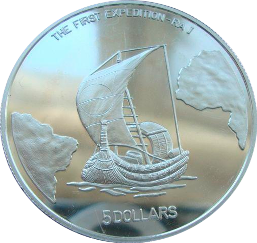 Либерия 5 долларов 1999 Корабль парусник Первая экспедиция Ра-I КПД Серебро